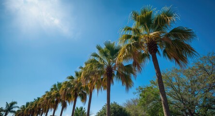 Obraz premium Sunny sky with vibrant palm trees in a peaceful outdoor setting
