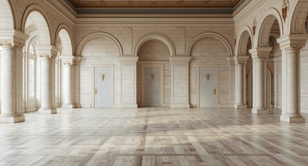 Obraz premium Spacious empty room highlighted by classic architectural columns and harmonious arched doorways
