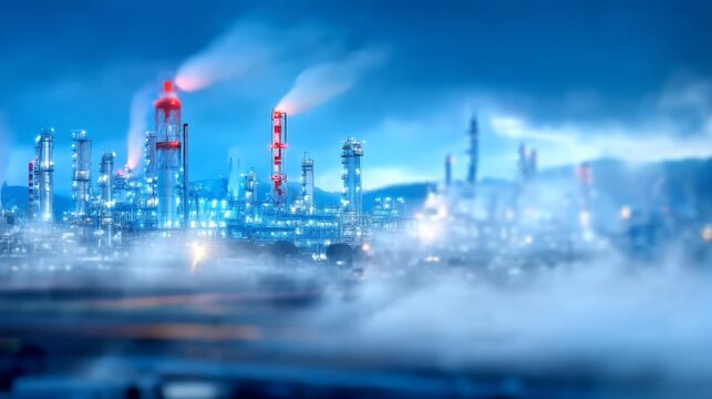 Morning Fog Obscures Industrial Complex Under Soft Light in Blue Hue