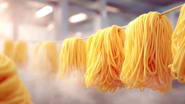Long Strands of Fresh Pasta Hanging in Parallel Lines Inside a Bright Kitchen