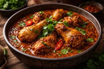 Fototapeta premium Aromatic chicken curry served in a deep bowl with fresh coriander garnish