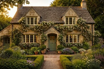 Naklejka premium Charming Vintage Countryside Home with Lush Garden in Soft Evening Light