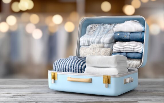 Neatly Packed Costumes and Accessories in a Suitcase on a Wooden Surface