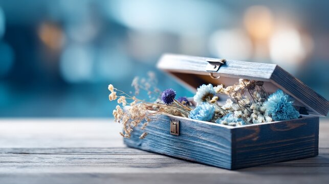 Blue Wooden Box Slightly Open with Dried Flowers Inside on Table Surface
