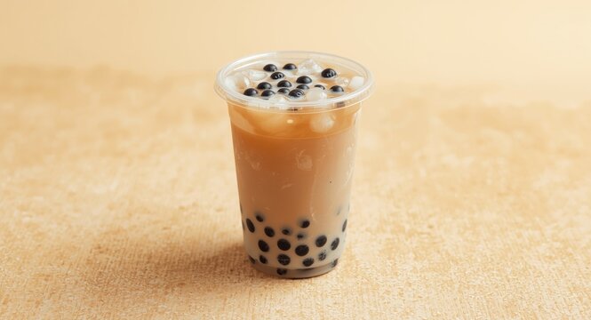 Taro bubble tea with black tapioca pearls in plastic cup on textured summer background