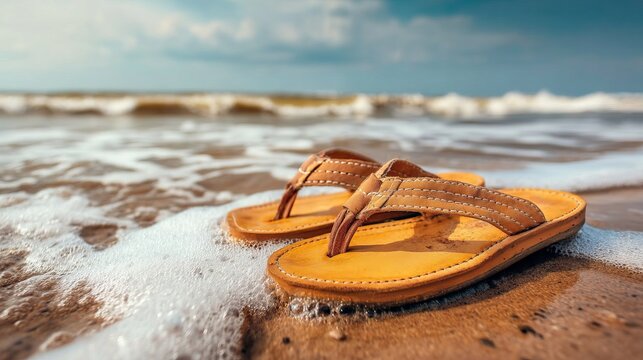 Empty Sandals on Shoreline at Gentle Waves of Tranquil Beach Scene