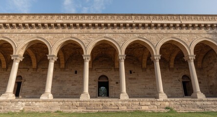 Fototapeta premium Stone building characterized by numerous arches emphasizing classic design elements