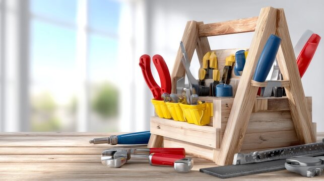 Assembled Wooden Furniture Piece on Workbench with Tools in Bright Setting