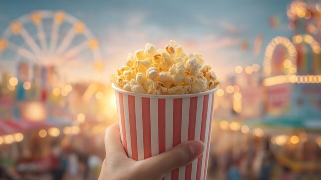 Freshly Popped Popcorn in a Striped Cup with a Fun Fair Background