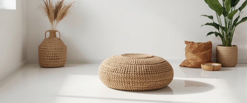 White floor accentuated by a sustainable rafia pouf in a boho chic interior