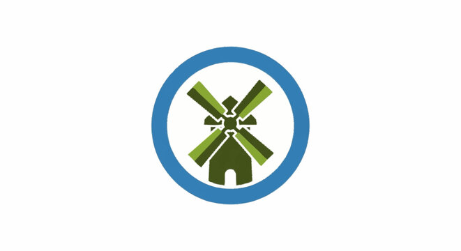 Green windmill icon inside a blue circle on white background.