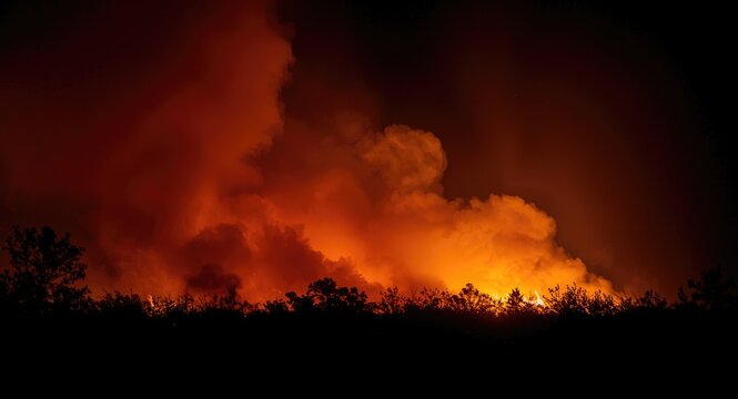 Smoke billowing into the air as wildfire flames rise in the night