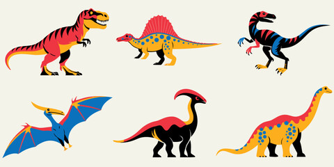Colorful dinosaur collection including tyrannosaurus sp dinosaurs spinosaur velociraptor pterodactyl © MD