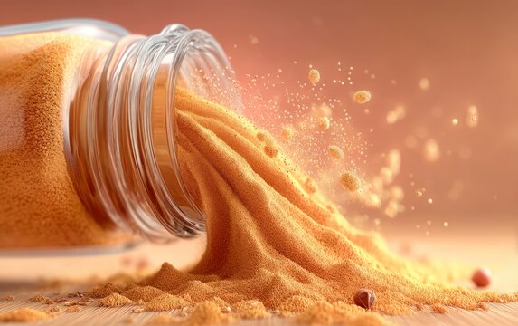 Fine Spice Powder Being Dispensed from Glass Container into Wooden Surface