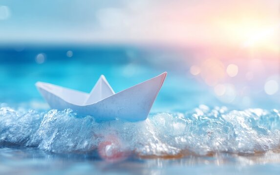 Fragile Paper Boat Floating on Gentle Sea Waves at Sunset with Soft Light