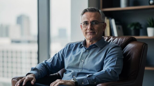Confident middle aged man wearing glasses and blue shirt sitting comfortably indoors