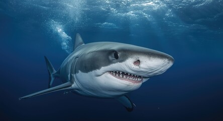 Fototapeta premium Thrilling close encounter with a shortfin mako shark underwater