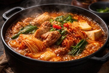 Fototapeta premium Spicy kimchi stew simmering with fresh vegetables and tender meat in a black pot