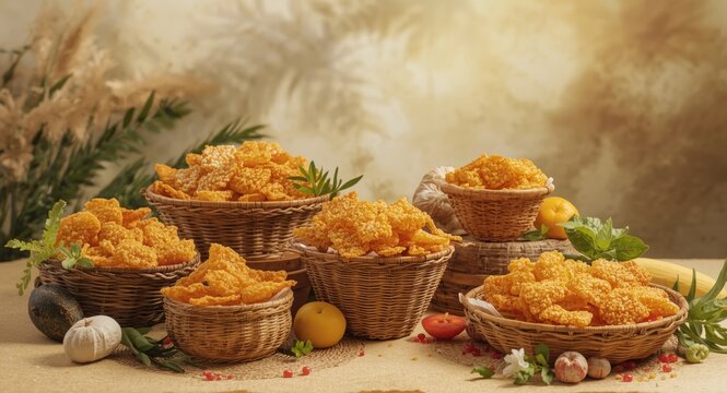 Traditional Jipang Beras Brondong snack with a crispy sweet texture arranged in natural woven baskets and vibrant sides