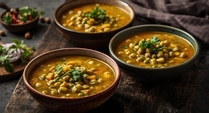 Freshly cooked split pea soup in shallow ceramic bowls