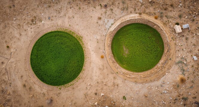 Top down shot of circular verdant irrigation areas in barren landscape