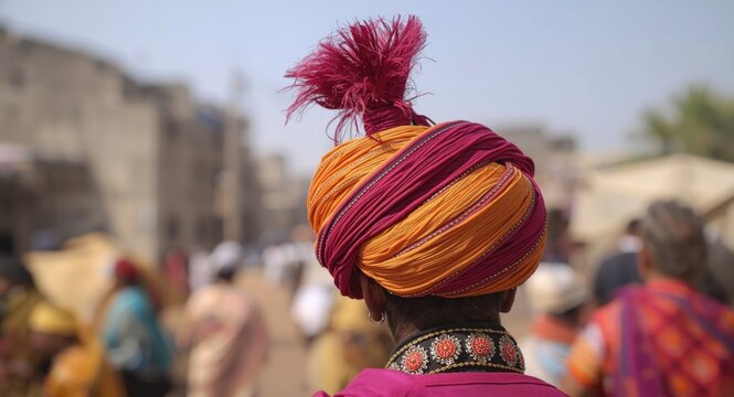 Vivid traditional safa turban worn during Rajasthan village festivities