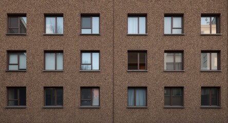 Naklejka premium Urban apartment block facade displaying square window patterns and rich textured surfaces