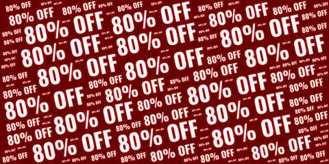Fototapeta premium Abstract pattern of 80 percent off text in bold white font on a red background. Ideal for big clearance sales, massive discount promotions, and retail marketing banners.