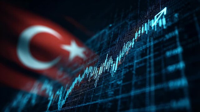 Turkey financial market index chart shows bullish trend with turkish flag waving on digital background as economy grows and currency value rises during trading session at istanbul exchange.