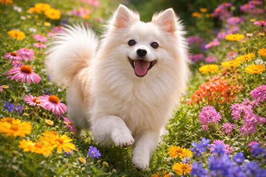 Ellie the German Spitz happily playing in vibrant garden flowers on a sunny day