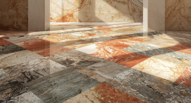 View highlighting colorful marble tiles featuring intricate natural patterns and textured surfaces