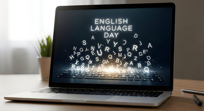 Laptop displaying 'english language day' with alphabetical typography