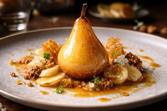 Gourmet inverted pear and fresh ginger dessert plated elegantly