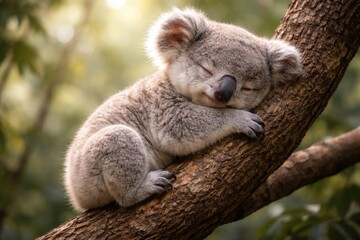 Fototapeta premium Peaceful koala infant softly cuddling on a tree limb in a serene setting