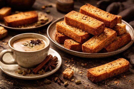Delicious crunchy cake rusk paired with aromatic masala tea
