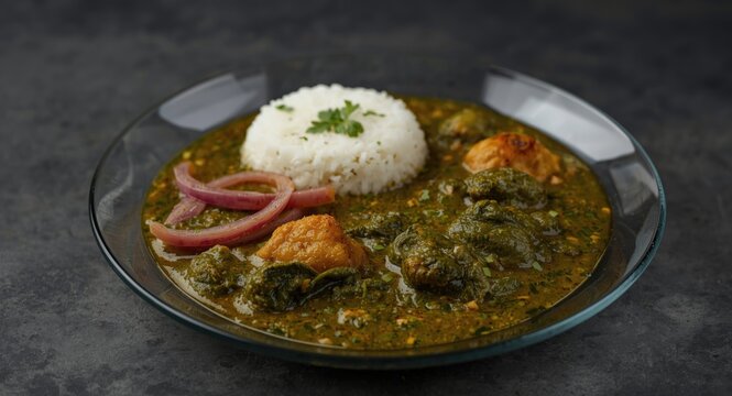 Traditional Indian Spinach and Mustard Leaf Curry with Bathua Presented in Clear Plate