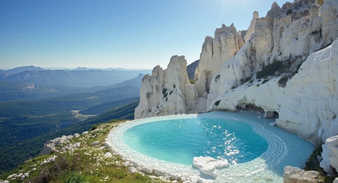 Tranquil mountain landscape with striking white calcite cliffs and blue water pools