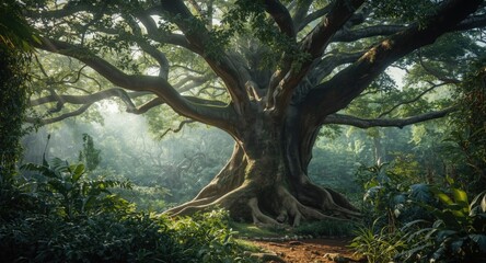 Fototapeta premium Travel site with a large tree thriving in a vibrant jungle ecosystem