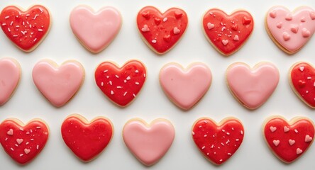 Fototapeta premium Valentines Day inspired heart shaped cookies artistically arranged on white surface