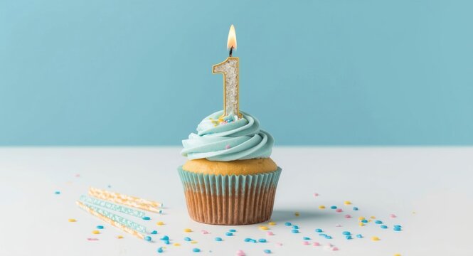 Attractive first birthday cupcake with creamy blue frosting and party accessories on white surface