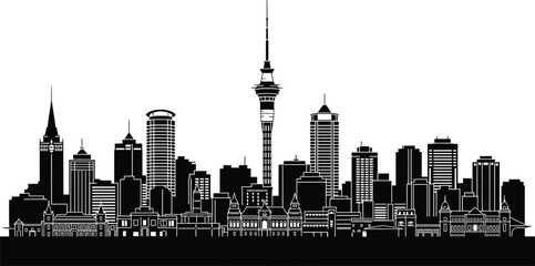 Obraz premium Auckland city skyline black silhouette illustration, featuring Sky Tower, urban skyscrapers, and New Zealand landmarks, maritime harbor landscape, isolated, vector.