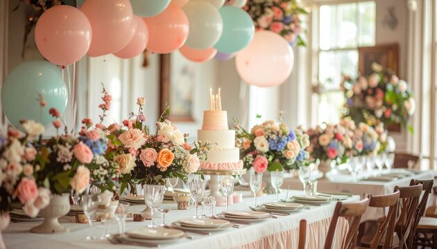 Decorated table with cake and balloons