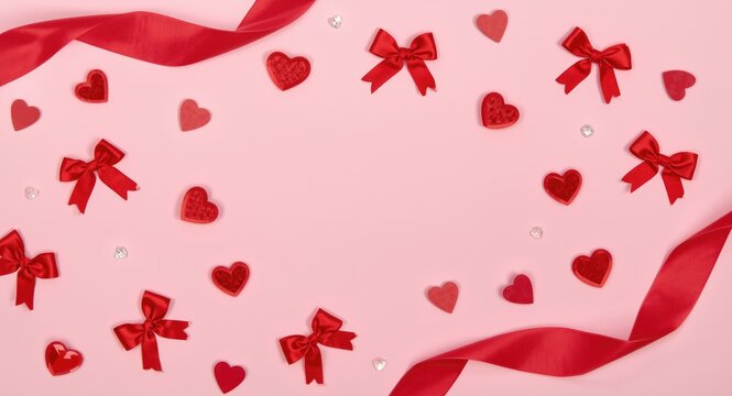 Valentines Day flat lay featuring small red bows and romantic decorations