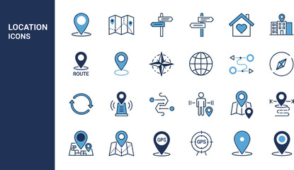Location and navigation icon set in flat style featuring map pins routes GPS direction and geographic tracking symbols for travel design © MDShahin