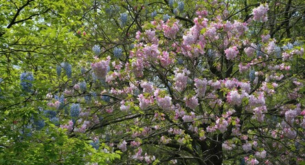 Obraz premium Spring bloom of lively pink and blue flowers intertwined with leafy green trees