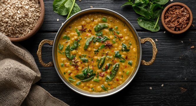 Top down shot of moong dal palak with fresh spinach and spices on black wooden background copy space