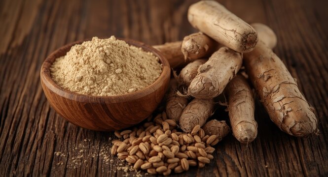 wooden bowl filled with maca root powder beside fresh maca roots on natural wood