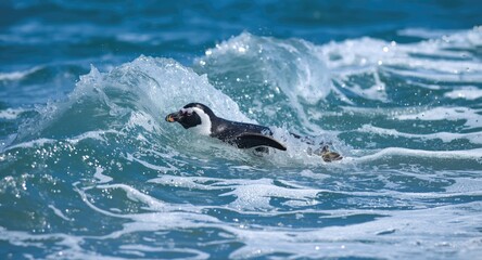 Fototapeta premium Vibrant Magellanic penguin gliding through ocean waves on sunny day