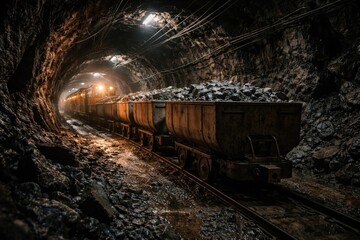 Fototapeta premium Subterranean mining railway system transporting extracted minerals