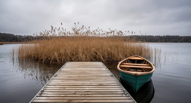 Tranquil lakeside picture featuring a wooden landing and calm rowboats beside tall, gentle reeds under overcast weather